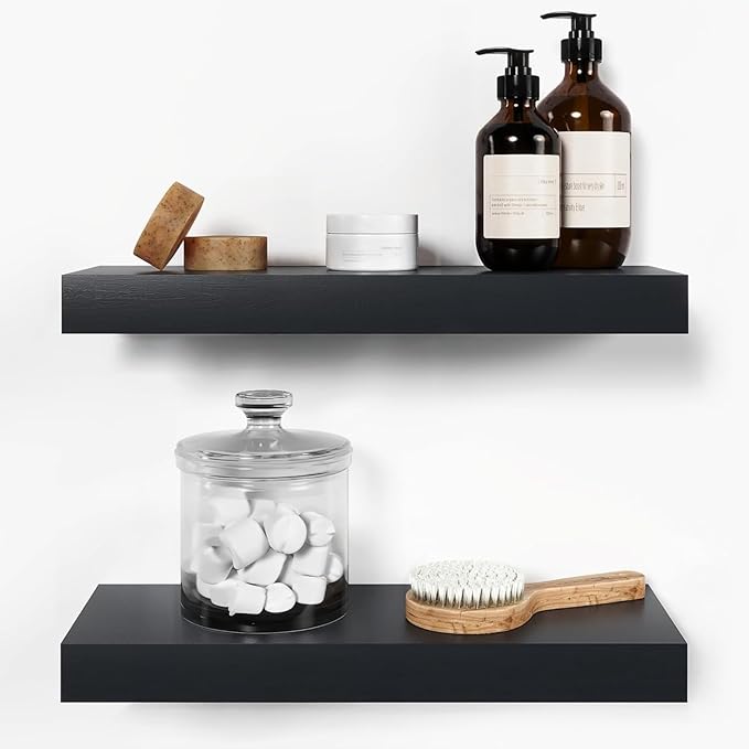 Homeforia Black Floating Shelf 18 inch, High-End Solid Real Wood 18-inch Bathroom Floating Shelves for Wall Mounted, Black Wooden 18-inch Floating Shelves, Heavy Duty Bracket, 18 X 6.5 X 1.75 in, Set of 3