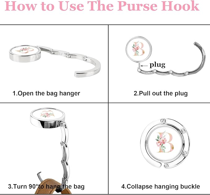 XSUIOY 3Pcs Personalized Initial Foldable Purse Hook for Table,Crushed Flower Letters Folding Purse Hanger,Purse Holder Handbag Hanger Collection Desk Table Bag Hooks Gifts for Women Bag(Pink-O)
