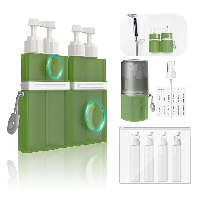 YOTIME 4in1 Travel Bottles Set, Vacuum Silicone Suction Cup for Smooth Walls, TSA Approved Leak Proof Travel Size Containers for Toiletries, Shampoo, Body Wash and Conditioner, Green
