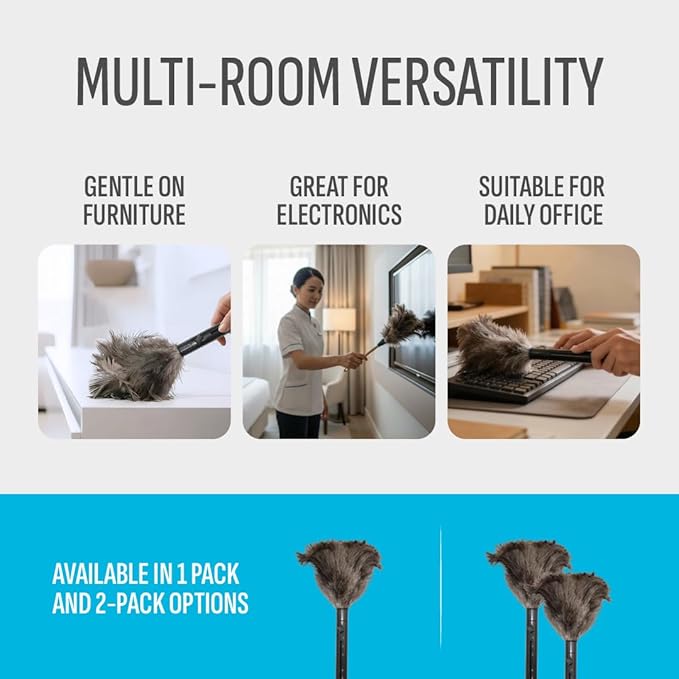 Retractable Feather Duster 8-14 in Adjustable - Natural Ostrich Feather Duster for Cleaning Ceiling Fans, Blinds, Plantation Shutters, Walls & Furniture - Quality Checked in USA - 1 Pack