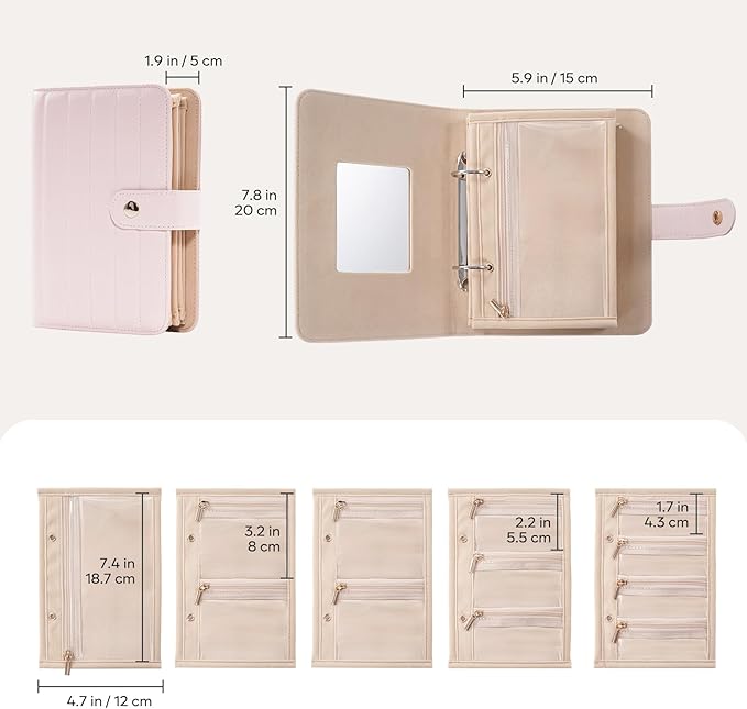 Lolalet Travel Jewelry Organizer Case, Portable Jewelry Storage Book Portfolio Binder with Zipper Velvet Pouch and Built-in Mirror for Women - Pink