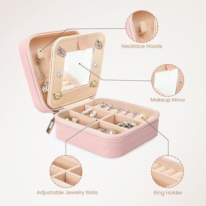 SANDJEST Personalized Jewelry Box, Pink Travel Jewelry Box with Initial I, Small Monogrammed Jewelry Case Organizer for Girls Women Teen Kids, Mini Travel Essentials Gifts for Birthday Christmas