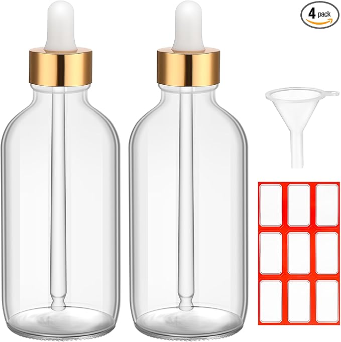 Fumete 2 Pack Glass Bottles 4oz Empty Refillable Liquid Containers with 1 Label 1 Funnel for Essential Oils Hair Travel Plants Cleaning Skin Care (Clear, Gold Top,Dropper Bottle)