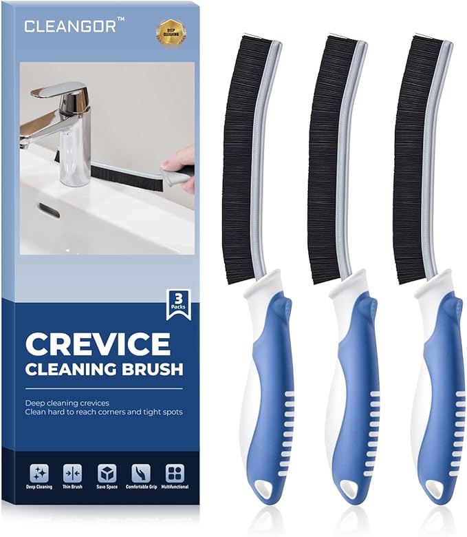 Cleangor Crevice Cleaning Brushes, Scrub Brush for Hard-to-Reach Small Spaces, Home Essentials, Cleaning Supplies, Cleaning Tools for Household Use, Bathroom, Shower, Kitchen, Toilet, Window (3, Blue)