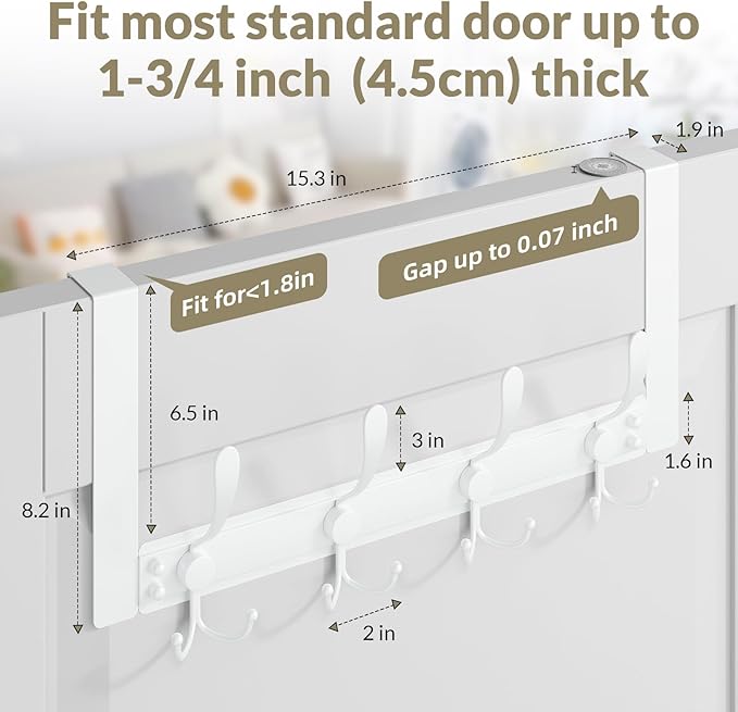 Over The Door Hooks Rustproof - 25lb Heavy Duty Over The Door Towel Rack, Door Hanger for Bathroom, Coat Rack Dorm Room Essentials (2Pack, White)