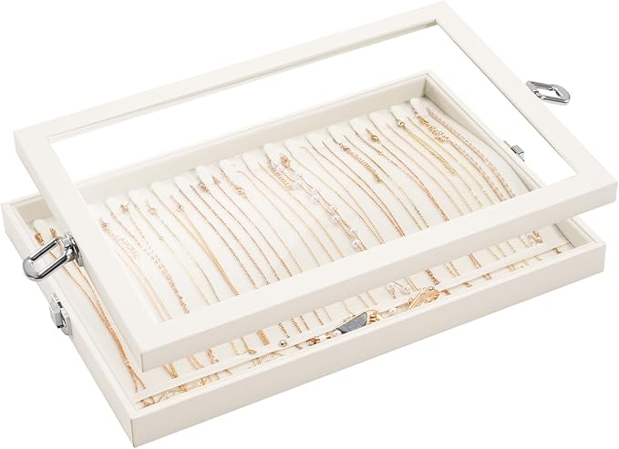 Lolalet Jewelry Organizer Tray with Lid, 18 Hooks Velvet Necklace Organizer Holder Storage Box for Drawer -Beige