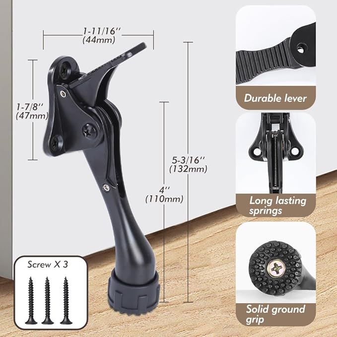 Kickdown Door Stopper 4 Inches - One Pack One Touch Adjustable Height Door Stop for the Bottom of the Door, Aluminum Alloy Metal Door Stopper with Rubber Tip, Black