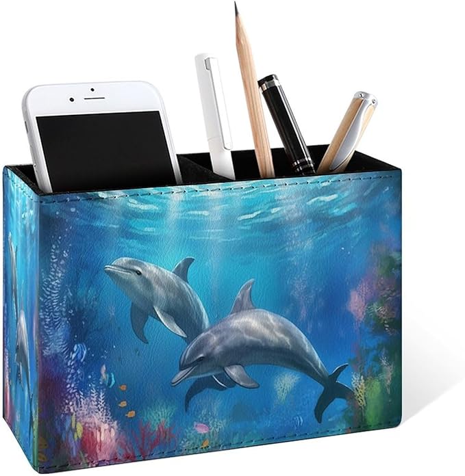 Famame Two Dolphins Underwater Pencil Holder for Desk, Leather Desktop Container Pen Cup Storage Study Table Pen Organizer Makeup Brush Holder for Classroom Office Home