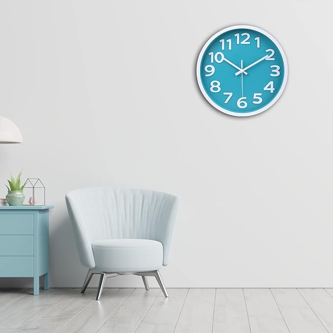 10 Inch Silent Wall Clock with Big Numbers – Aqua Coastal Decor for Kitchen, Bathroom, Bedroom – Easy-to-Read Non-Ticking Modern Analog Clock