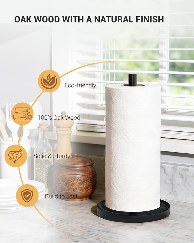 NESAPTO Paper Towel Holder Countertop, Wooden Freestanding Paper Towel Stand for Modern Farmhouse & Cottagecore Decor, Kitchen Bathroom Essential, Black
