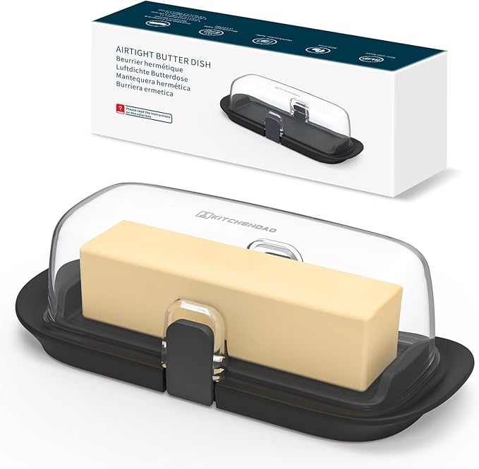 KITCHENDAO One-handed Airtight Butter Dish with Lid for Countertop and Refrigerator Door Shelf, Butter Holder with One Press to Open/Close Secure Latching Buckle for West/East Coast Butter (Black)