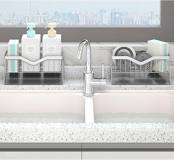 MINGFANITY Kitchen Sink Caddy Sponge Holder, Quick Draining, SUS 304 Stainless Steel Sponge Organizer, Basket for Cleaning and Scrub Tool, Kitchen Sink Brush Caddy Holder