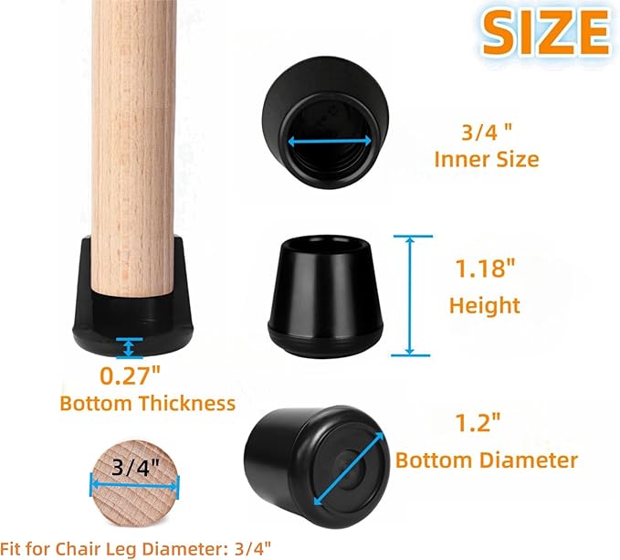 3/4" Chair Leg Tips Caps, Non-Slip Rubber Leg Tips, Stool Leg Protectors Cap, Folding Metal Chair Leg Tip Replacement, Chair Leg Floor Protectors Round Black, 12 Pack