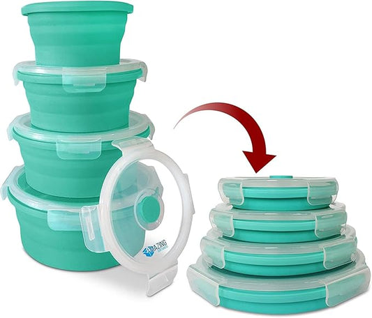 Set of 4 Silicone collapsible food storage containers with lids, Collapsible Bowls for Camping, RV storage and organization, RV Kitchen Accessories, BPA Free, Microwavable, Freezer, Dishwasher Safe