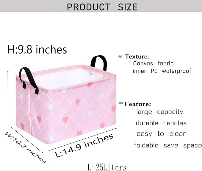 KUNRO Rectang Heart Valentine's Storage Basket Gift Shelf Basket Storage Bin, Nursery Basket Organizer Box for With Handles for Room Deco