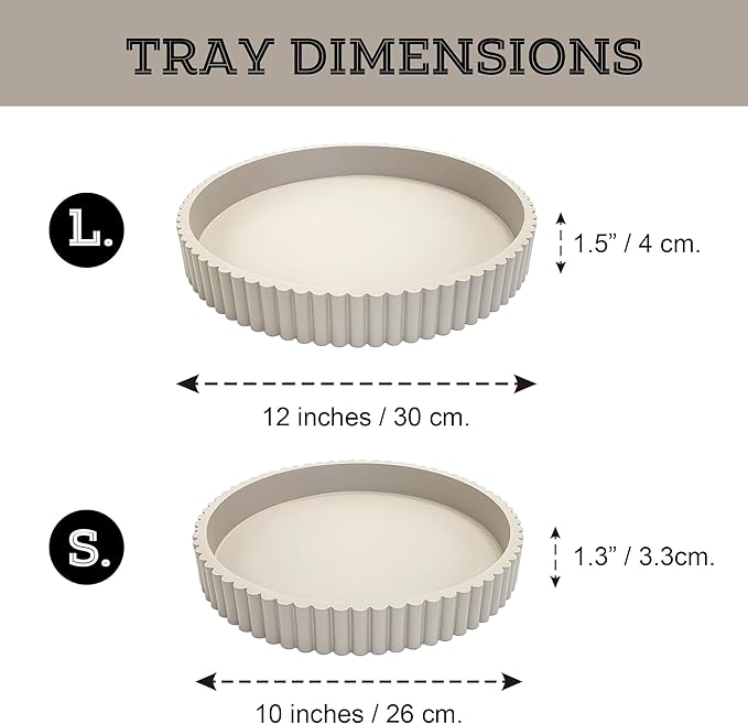 Modern Table Round Decorative Trays 2pcs Home Decor - Circle Coffee Table Centerpiece Set 12"/10" - Wooden Warm Grey Ottoman Tray with Fluted Edge