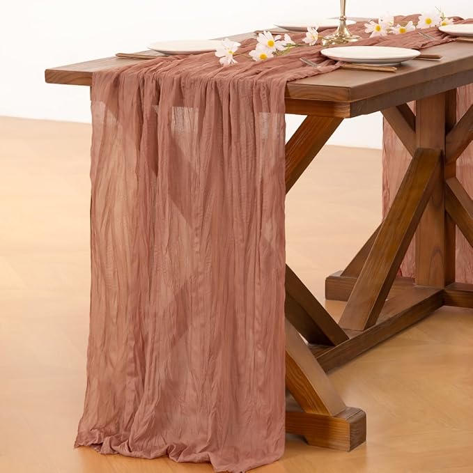 Socomi 6pcs Dusty Rose Summer Cheesecloth Table Runner Boho Rustic Gauze 120 inch 10FT Cheese Cloth Sheer Runner for Wedding Party Baby Shower Birthday Home Decor Holiday Decorations