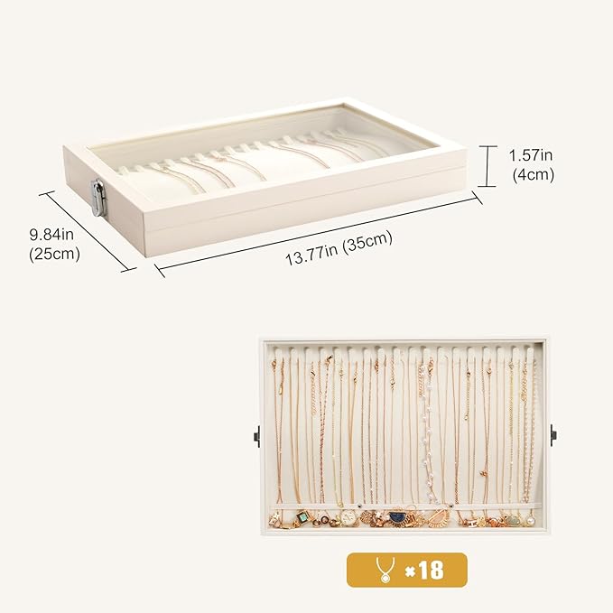 Lolalet Jewelry Organizer Tray with Lid, 18 Hooks Velvet Necklace Organizer Holder Storage Box for Drawer -Beige