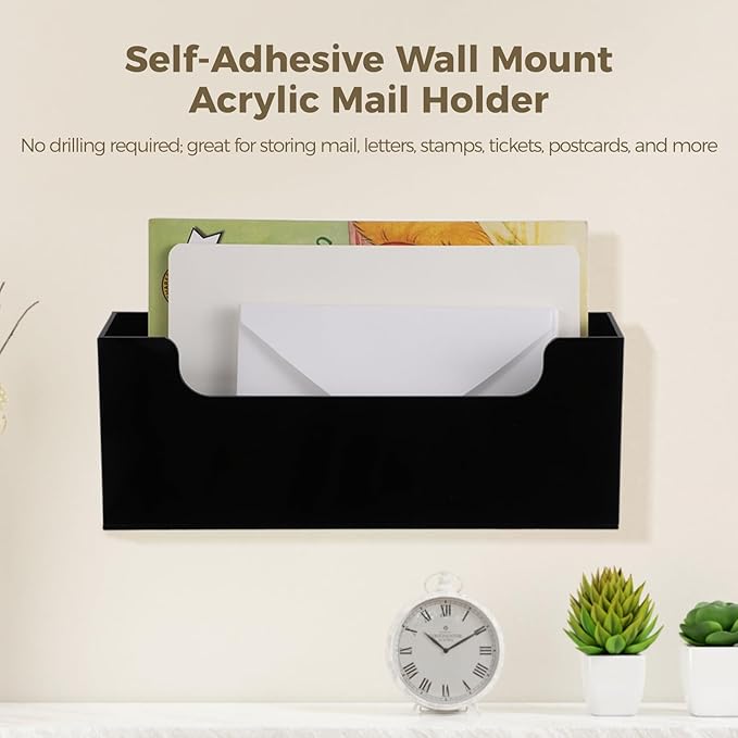 Homaisson Clear Acrylic Mail Holder Box for Desk or Wall Mount, Mail Organizer Countertop, Modern Wall Mounted or Tabletop Mailbox, Letter Storage Organizer Box (Black)