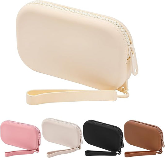 JOVAKIT Small Portable Silicone Makeup Bag for Women, Travel Waterproof Toiletry Cosmetic Bag Gifts for Women, Zipper Closure Makeup Case with Handle (White)