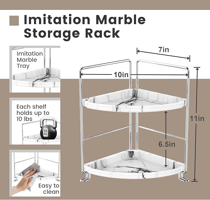 2-Tier Corner Bathroom Organizer, Countertop Perfume Makeup Shelf Cosmetics Storage Shelf Display Rack Vanity Shelf,Kitchen Spice Rack,PP Imitation Marble Design,Tool-Less Install(Silver)