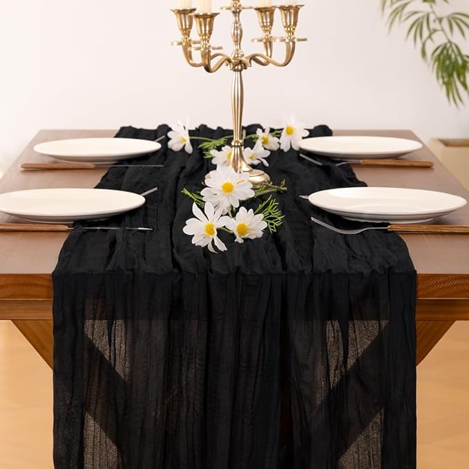 Socomi 6pcs Black Summer Cheesecloth Table Runner Boho Rustic Gauze 120 inch 10FT Cheese Cloth Sheer Runner for Wedding Party Baby Shower Birthday Home Decor Holiday Decorations