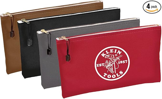 Klein Tools 5141 Zipper Tool Bag, Tool Pouch, Bank Deposit Canvas Utility Bag, 12.5 x 7-Inch, Brown/Black/Gray/Red 4-Pack