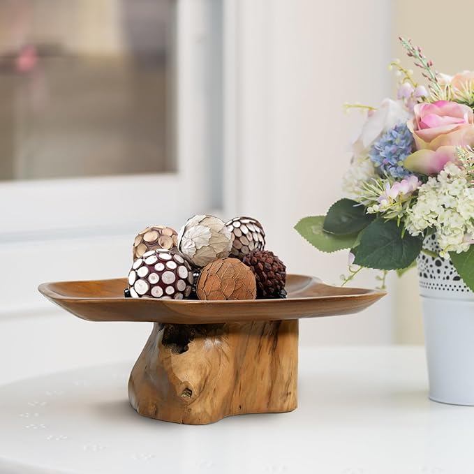 Decorative Bowl for Tabletop Decor, Live Edge Serving Tray with Base, Home Centerpiece Decor, Teak Wood