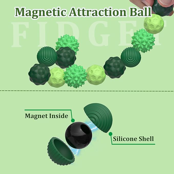 8PCS Sensory Fidget Balls For Adults & Teens, Magnetic Attraction Stress Balls With Silicone Shell-To Calm Restless Hands and Anxious Mind, Quiet Desk Fidget Toys for Office Travel Toys Gift (Green,8)