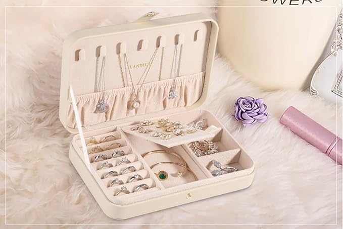 LANDICI Small Jewelry Box for Women Girls, PU Leather Travel Jewelry Case, Portable Jewelry Organizer Storage Holder Display for Ring Earrings Necklace Bracelet Brooch Men Kids Gift, Apricot