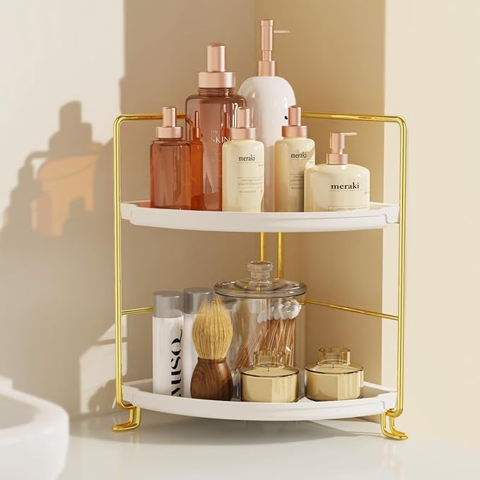2-Tier Corner Bathroom Countertop Organizer, Tiny Counter Corner Shelf Skincare Makeup Perfume Organizer and Organization for Kitchen (Luxury Gold)