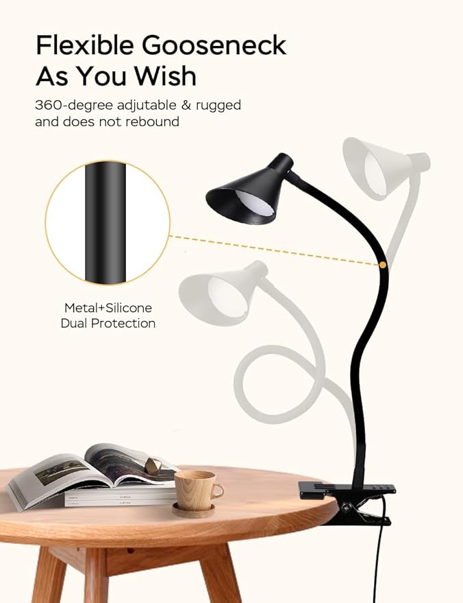 Clip on Light USB Reading Light 3 Color Modes 10 Brightness Levels Eye Care Clamp Light Flexible Gooseneck Dimmable Reading Lamp Clip on Lamp for Bed Headboard Desk Bedside Dorm (Black)