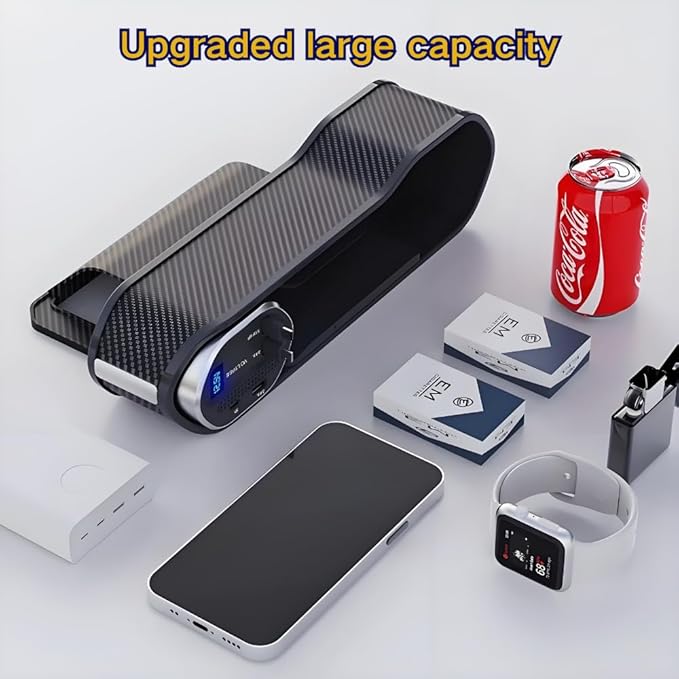 5 in 1 Car Seat Gap Filler Organizer with Wireless Charger and Cigarette Lighter, 2 Charging Cables, Retractable Charging Cords iOS Type-C USB Port Fast Charge Storage Box Cup Holder