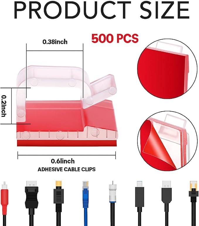 500 Pcs Outdoor Light Clips Adhesive Cable Clips for Christmas Outdoor String Lights with Adhesive Strips Patio Decor for Wall Wire Holder for Hanging Cable Management Cord Organizer (Red)
