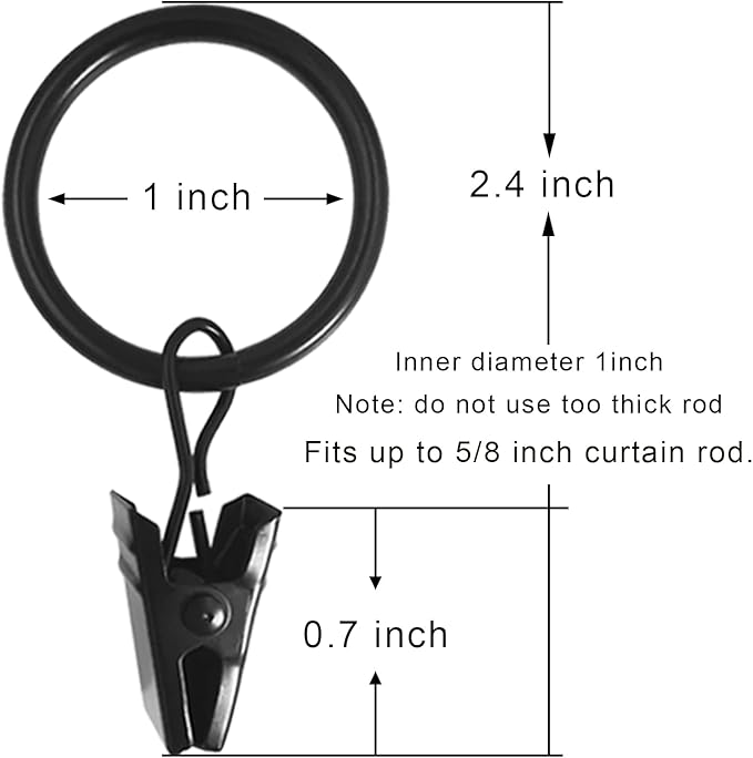 WeeksEight 44 Pack Black Curtain Rings with Clips, Curtain Hooks Hangers Clip Rings for Hanging Drapes Bows Hat, Drapery Rings 1 in I D, Fits up to 5/8 in Diameter Curtain Rod.