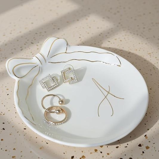 COLLECTIVE HOME - Personalized Initial Ceramic Jewelry Tray with Bow, Christmas Gift Ideas for Women, Small Gift for Girlfriend Wife, Ring Holder, Earrings Dish, Birthday Gift for Her (A)
