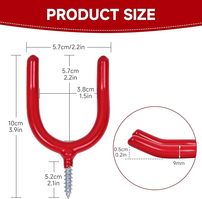 Lian.Ripple.Lian 6 Pack Garage Storage System Steel U Hooks with Anti-Slip Coating Home Improvement and Organization Screw in Hooks Easy Wall Mounting Heavy Duty Bike and Ladder (Red, 6 Pack)