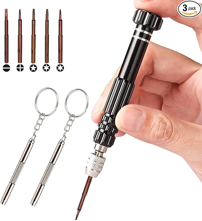 Eyeglass Repair Kit，5-in-1 Multifunctional Small Screwdriver(T6 Torx, T5, 1.5, -2.0, star0.8) & 3-in-1 Mini Keychain Screwdriver Kit for Cellphone, Glasses, Electronics, Watch, Laptop, Jewelry