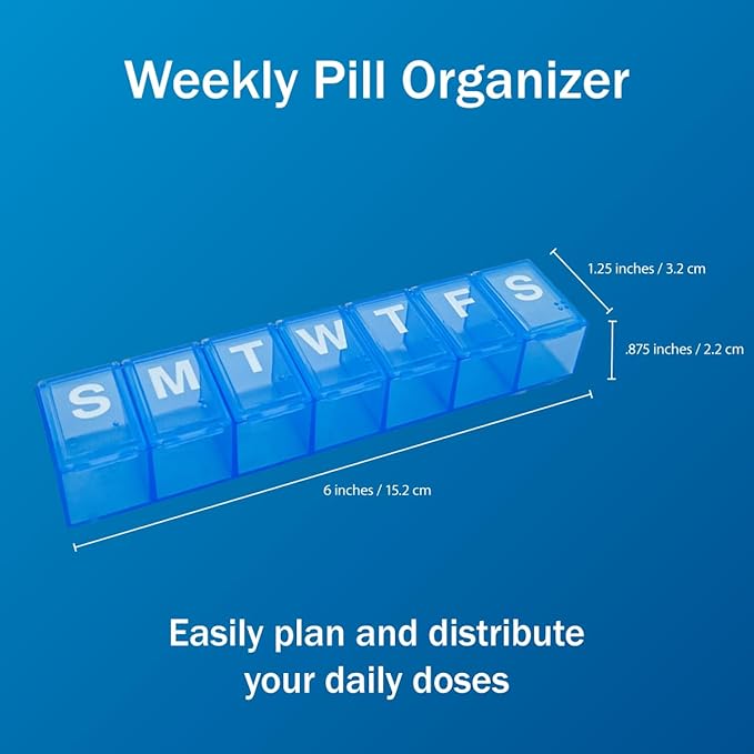 Amazon Basic Care Weekly Pill Organizer, 7-Day, Medium Compartments, Medicine Box, Blue