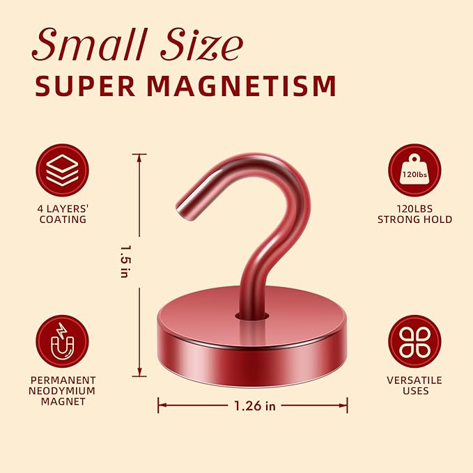 Neosmuk Magnetic Hooks, Cruise Ship Essentials, 120lb+ Heavy Duty Magnetic Hooks for Cruise Cabins, Refrigerator, Grill, Hanging, and Travel | Extra Strong Must-Haves Magnet Hook,Red