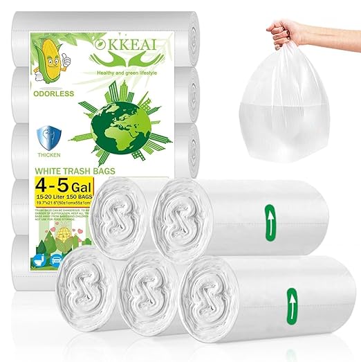 OKKEAI 4-5 Gallon Trash Bags, Small Garbage Bags, Bathroom Trash Can Bags, 150 Counts Wastebasket Liners for Office Kitchen, White, Fits 15-20 Liter Bins