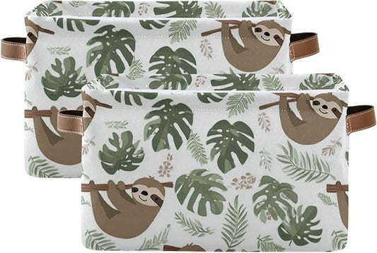 Aslsiy Storage Basket Sloth Tropical Leaves Nursery Bins Baby Box Canvas Clothes Shelf Basket Laundry Hamper Gift Baskets for Home Closet 2 Pcs