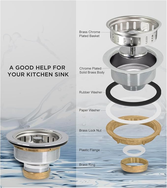 Highcraft Heavy Duty Kitchen Sink Drain Assembly 3-1/2 Inch Stainless Steel Strainer Basket & Stopper, Standard Sink Drain