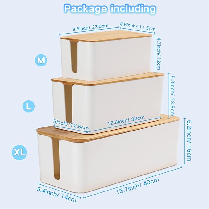 Cable Management Box Organizer, Set of 3 Bamboo Lid Storage Wires Holders to Cover and Hide Surge Protectors, Power Strips & Cords - with 5 Cable Fastening Tapes for Home, Office, Desk, PC, TV, USB Hub