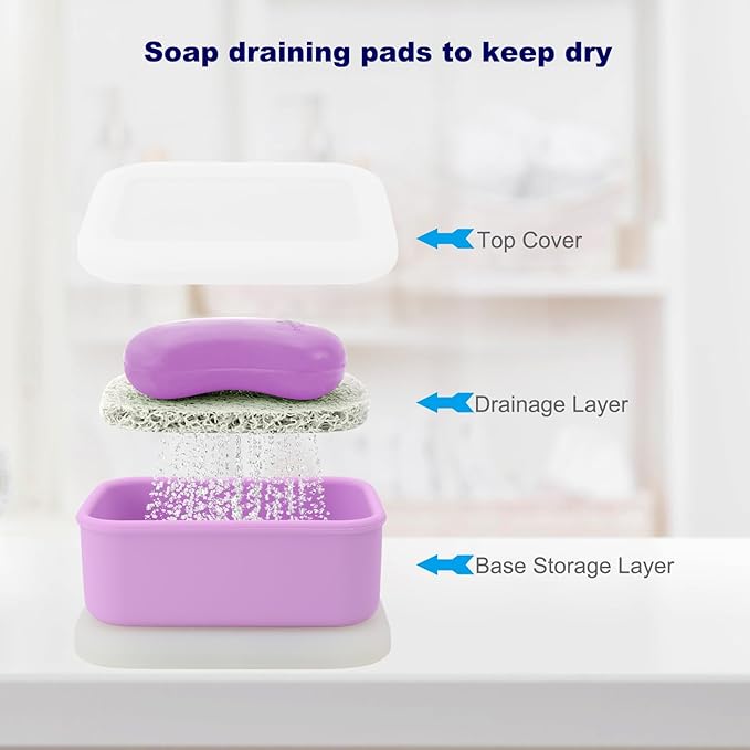Travel Soap Case, Leak Proof Travel Soap Container, Silicone Soap Box with Drainage Layer, Shatterproof Soap Holder for Travel, Camping, Gym (Purple, Regular)