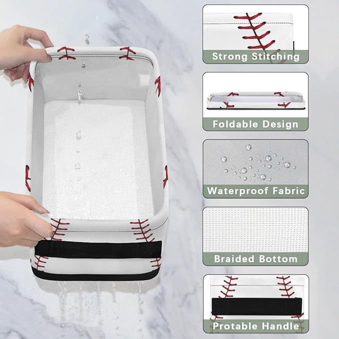 Baseball Lace Small Bathroom Baskets for Toilet,Foldable Toilet Paper Tank Basket Organizer for Towels Storage Decorative Open Storage Bins for Home,Closet,Containers,Cabinet