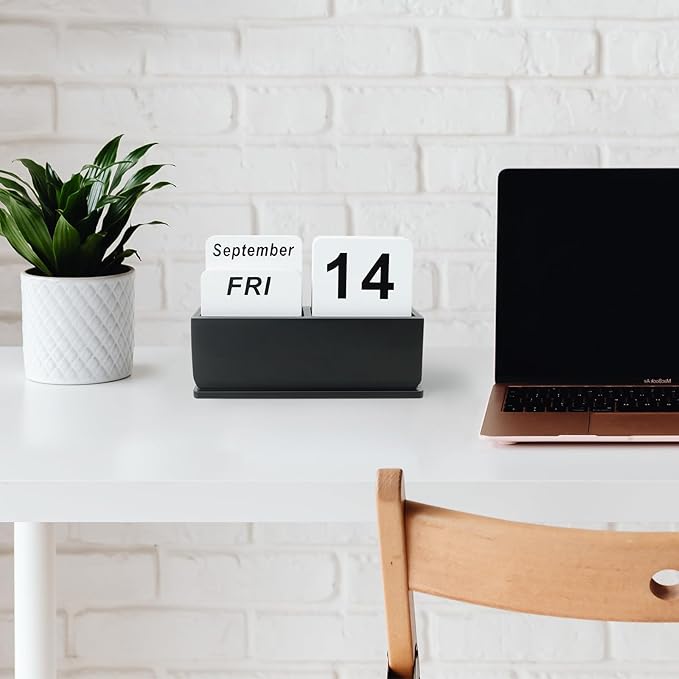 Wooden Block Perpetual Calendar for Desk, Daily Desktop Standing Flip Calendar with Large Display, Modern Farmhouse Aesthetic Desk Accessories for Home Office Decor, Reusable Yearly, Black