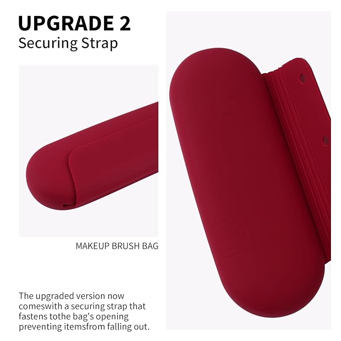 AGIKET Silicone Makeup Brush Holder Travel Cosmetic Bag：Soft Portable Cosmetic Face Brushes Holder with Upgrade Anti-Fall Out Magnetic Closure, Large Travel Makeup Brush Case - Red