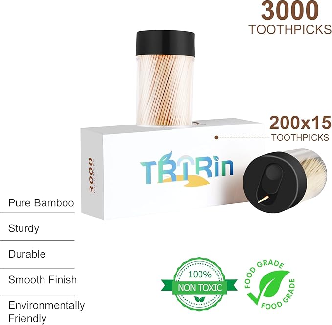 Bamboo Wooden Toothpicks [3000 Count]-With 2-Pack Reusable Toothpick Holder, Sturdy Smooth Finish Tooth Picks, For Appetizer, Olive, Barbecue, Fruit, Teeth Cleaning Toothpicks, Black.