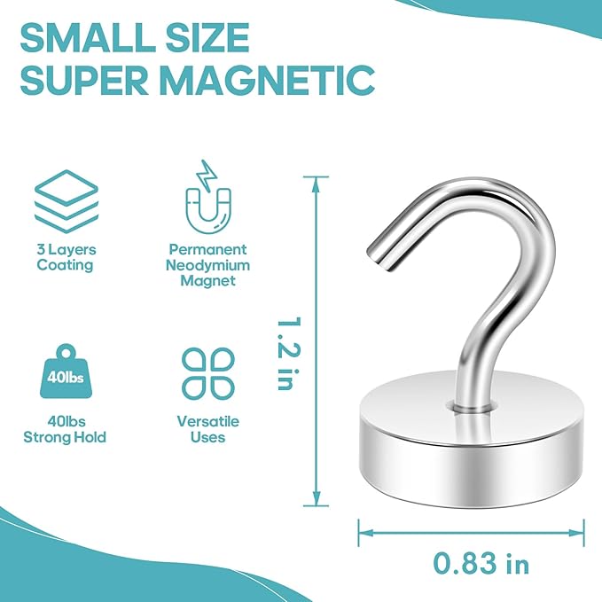 Neosmuk Magnetic Hooks, Cruise Ship Essentials, 40lb+ Heavy Duty Magnetic Hooks for Cruise Cabins, Refrigerator, Grill, Hanging, and Travel | Extra Strong Must-Have Magnet Hook, Silver, 5 Pack